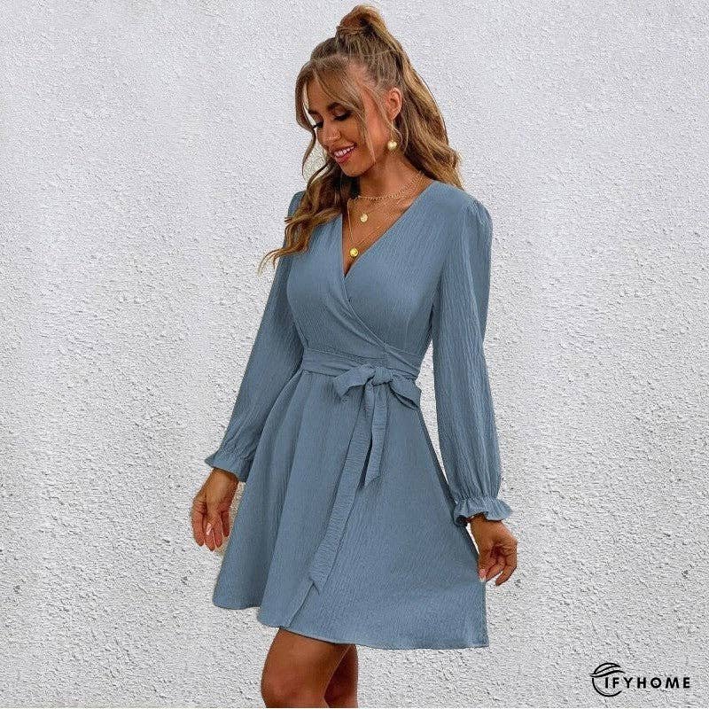 V-Neck Long Sleeves Solid Color Waist Tied Mini Dress | IFYHOME