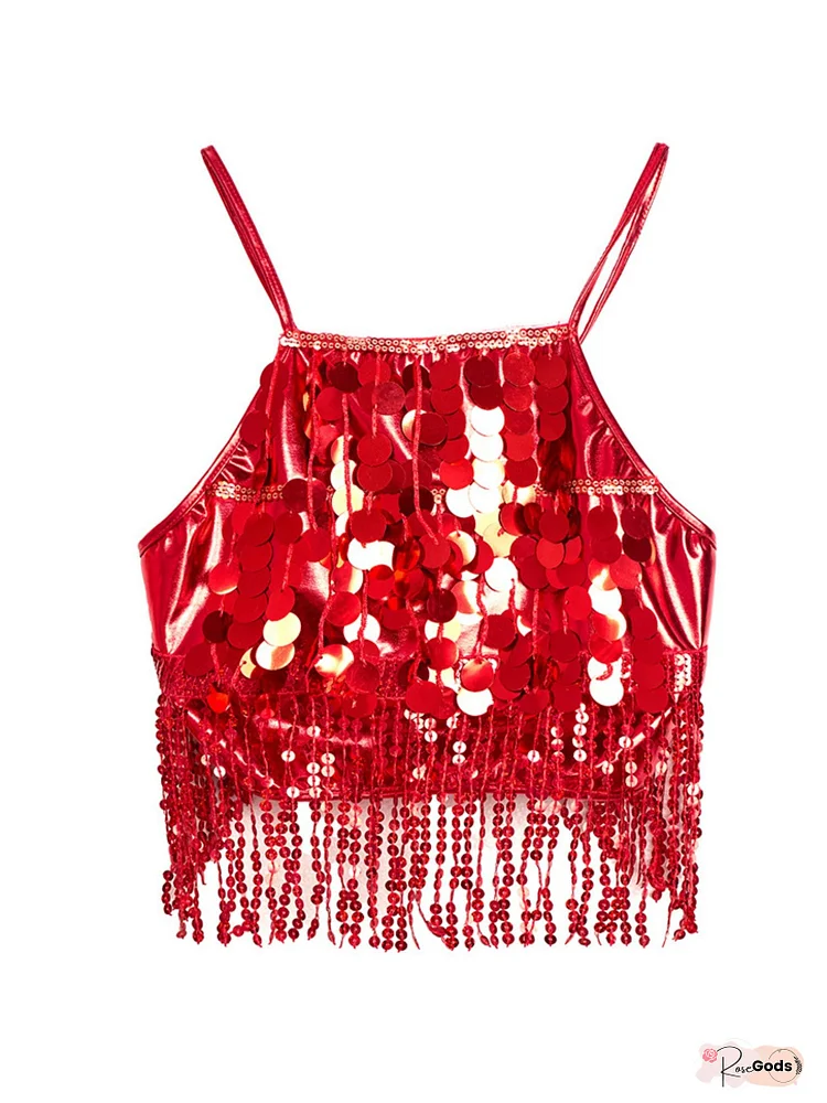 Women&lsquo;s Sequin Bra Stage Performance Hanging Strap Nightclub Tassel Top Belly Dance Costume, Sequin Halter Neck Top, Sequin Top, Camisole With Built In Bra, Spaghetti Strap Tank Top, Tank With Built In Bra, Under Shirt For Women, Undershirt For Women