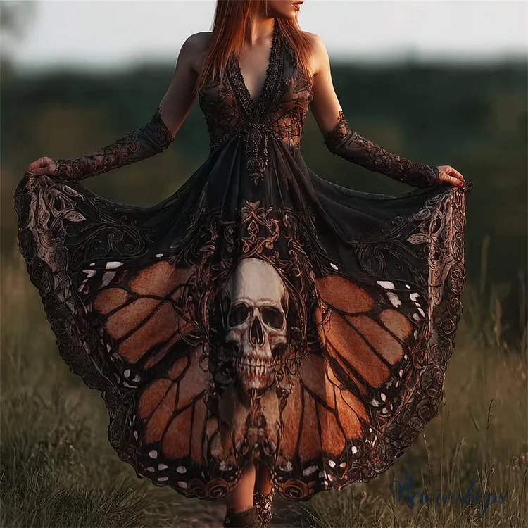 Vintage Mystical Skull Butterfly Flowy Wide Skirted Dress