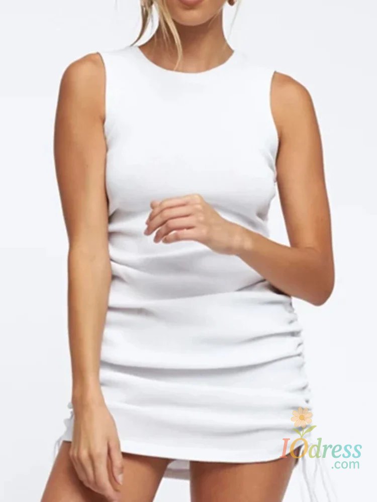 IO Dress Sexy Lace Up Drawstring Folds Knitting Slim Bodycon Dress Women Sleeveless Solid Color Skinny Dress Elegant Club Party Vestidos IO Dress