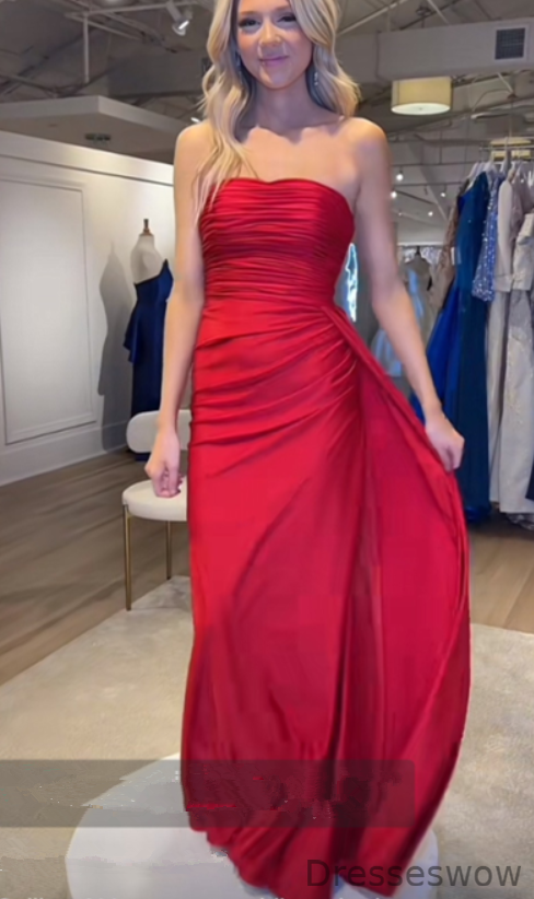 Dresseswow Red Strapless Evening Dress Mermaid Long With Pleats