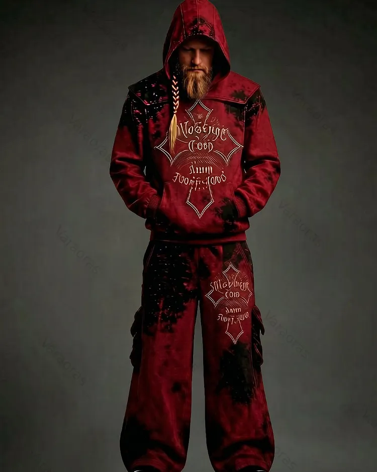 Men's Summer Fashion Viking Embroidered Cotton Linen Hooded Top and Pants Two-Piece Set 5108