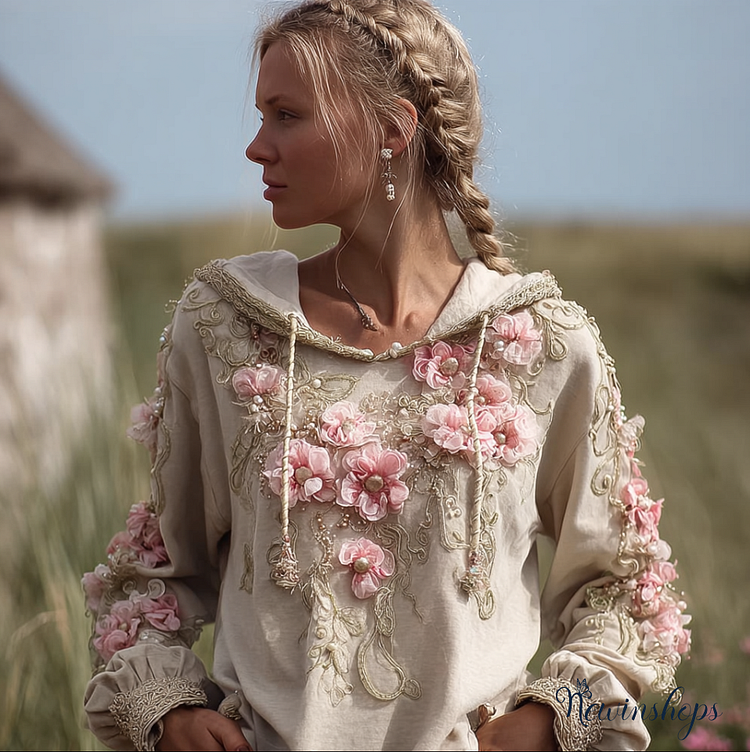 Bohemian Style 3d Pink Flower Embroidery Hooded Long-sleeve Shirt