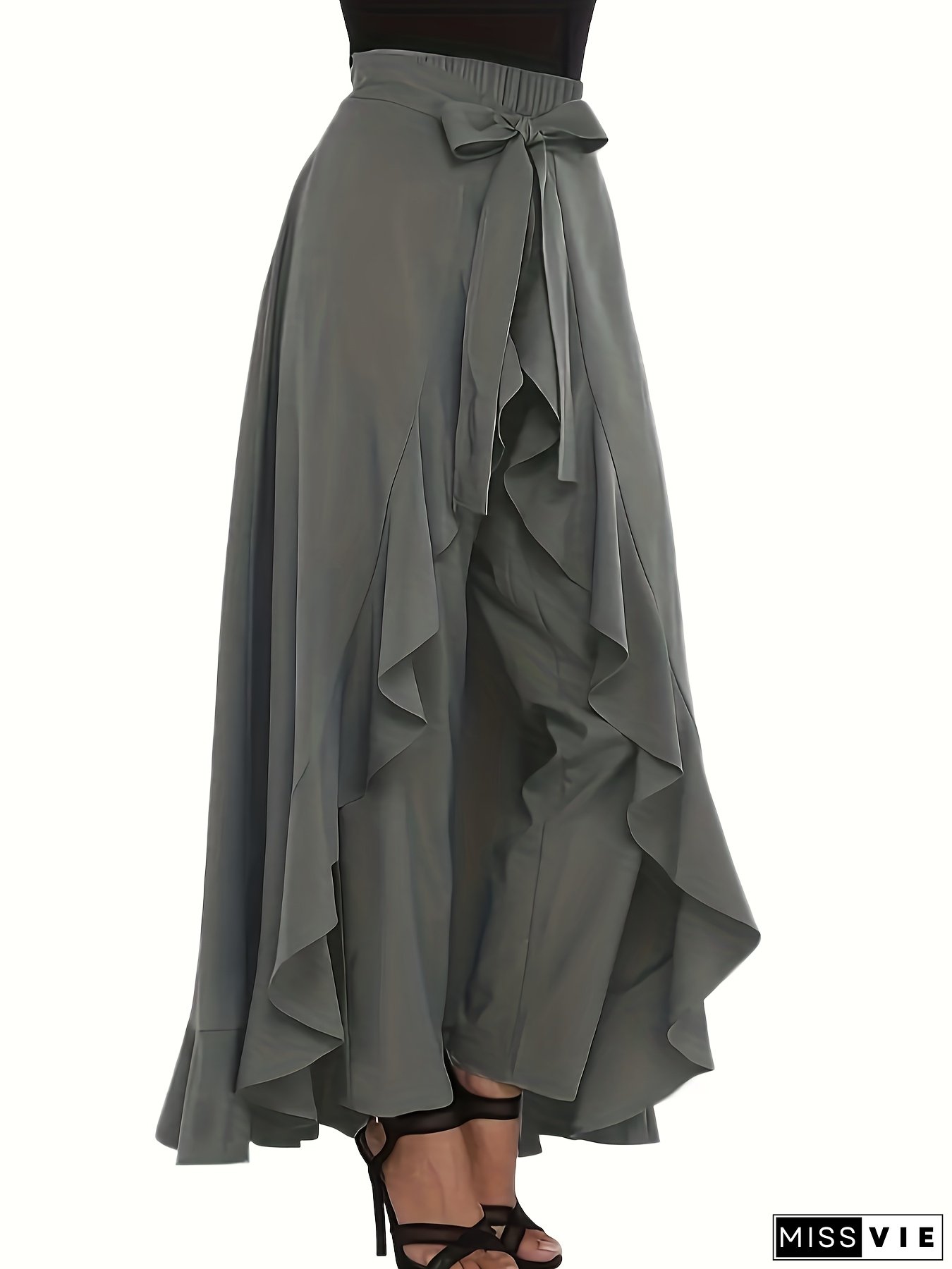 [Plus Size Wide-Leg Pants] High-Waist Plus Size Women's Wide-Leg Pants | Flowy Ruffled Hem, Asymmetrical Design, Stretchy Fabric, Tie Detail for Spring/Summer/Fall, Casual Chic Style