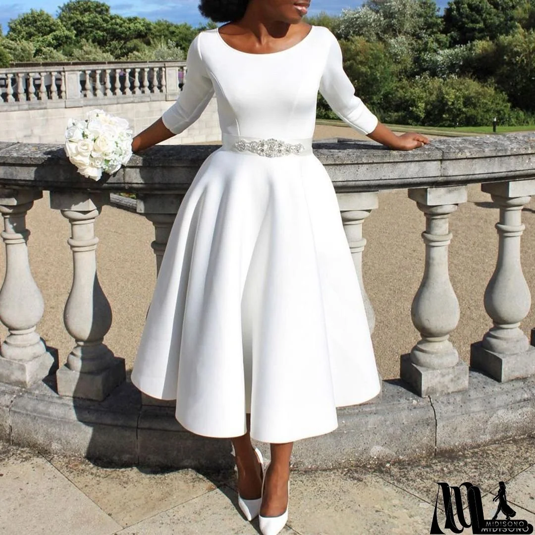 Elegant French-Inspired Midi Dress With Ruffled Hem - Light Green, Long Sleeves, Round Neck, Cinched Waist, Perfect For Spring & Fall, Casual Elegance|Ruffled Hem Dress|Cinched Waist Design