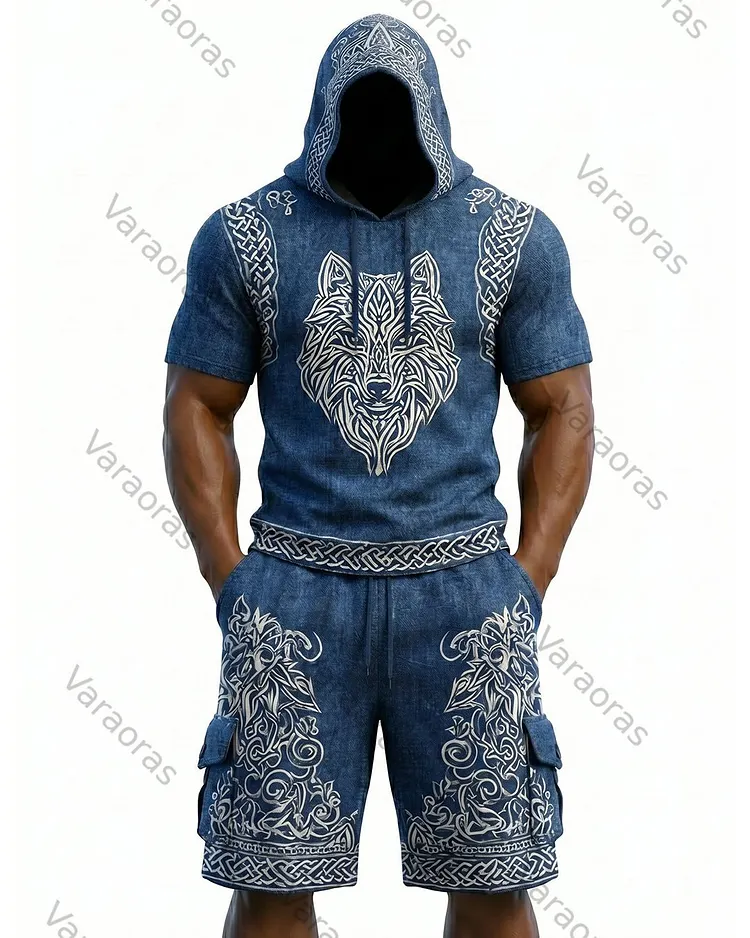 Men's Viking Contrast Color Wolf Embroidered Short-Sleeve Hoodie & Shorts Two-Piece Set 4955