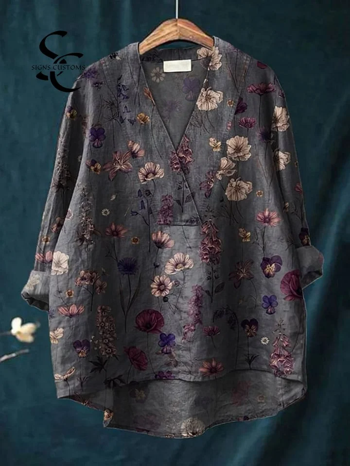 Women's  Flower Art Print Casual Cotton And Linen V-neck Shirt
