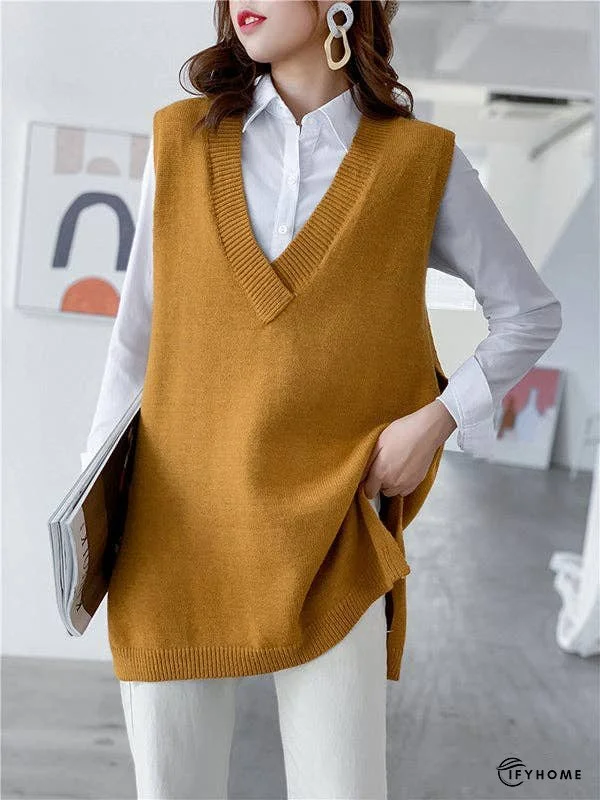 Trendy Sleeveless Split-Side Solid Color V-Neck Knitted Vest | IFYHOME