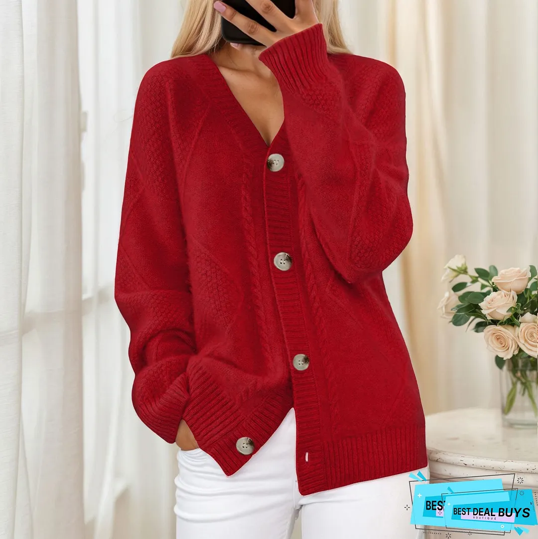 Womens Elegant Beige Cardigan Soft Sweater with Front Button Closure Chic for FallWinter