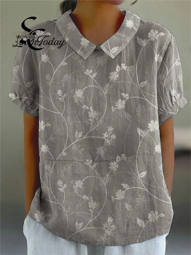 Women's Vintage Floral Art Print Casual Cotton And Linen Shirt