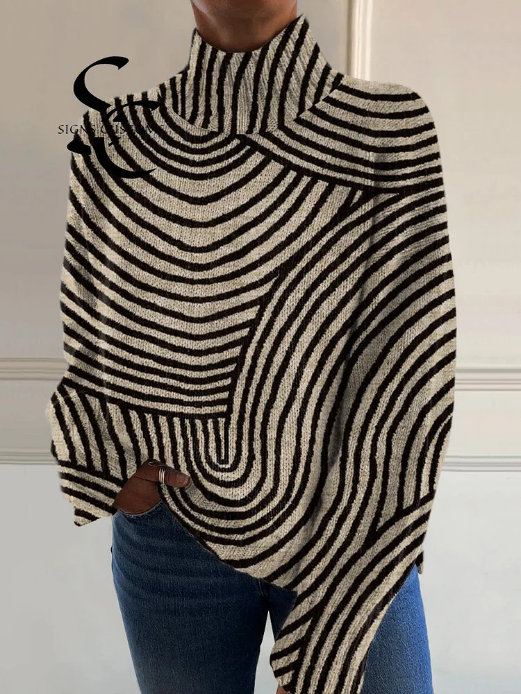 Vintage Hand Drawn Line Pattern Print Knit Turtleneck Pullover Sweater