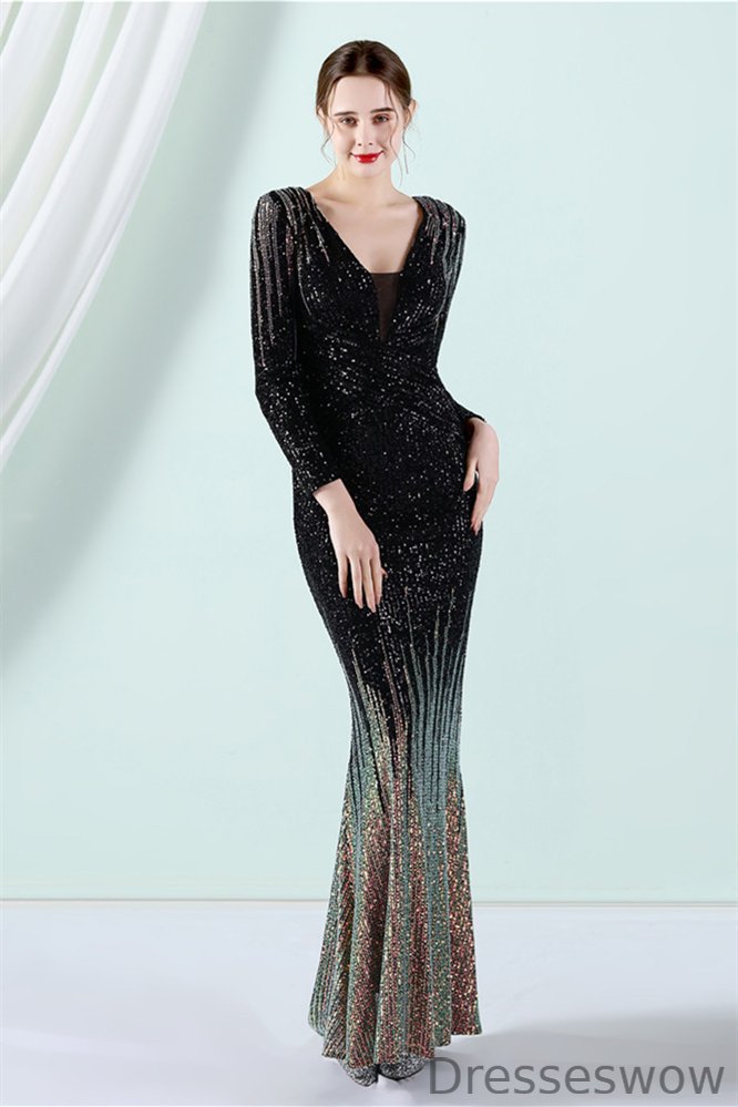 Dresseswow Ombre Sequins Long Sleeves Evening Gowns Mermaid V-Neck