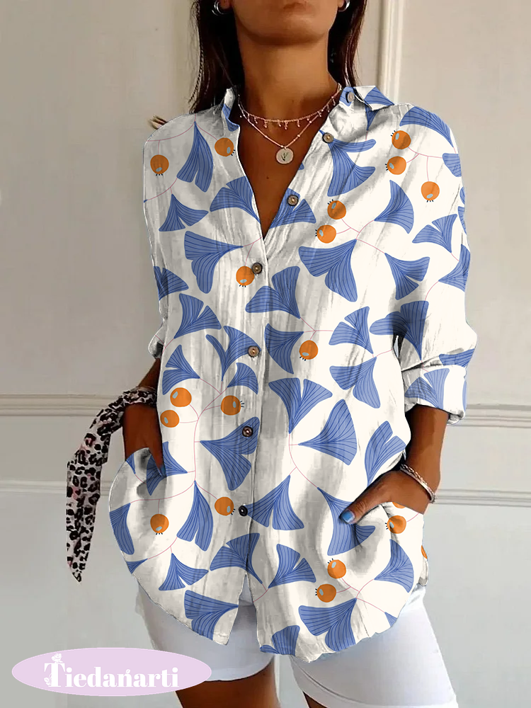 Japanese Ginkgo Leaf Pattern Printed Casual Long Sleeve Shirt