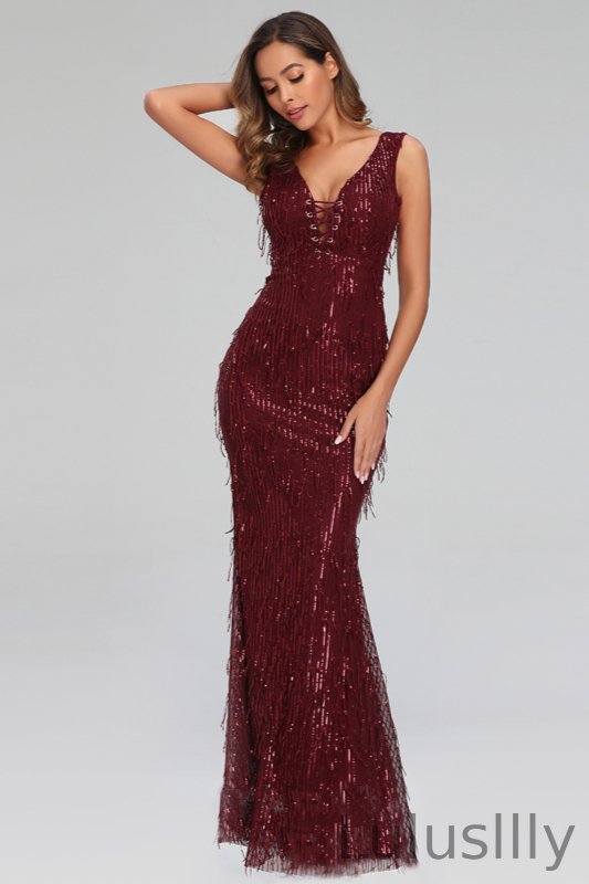 Chic V-Neck Sleevelss Mermaid Prom Dress Sequins Long Evening Gowns - lulusllly