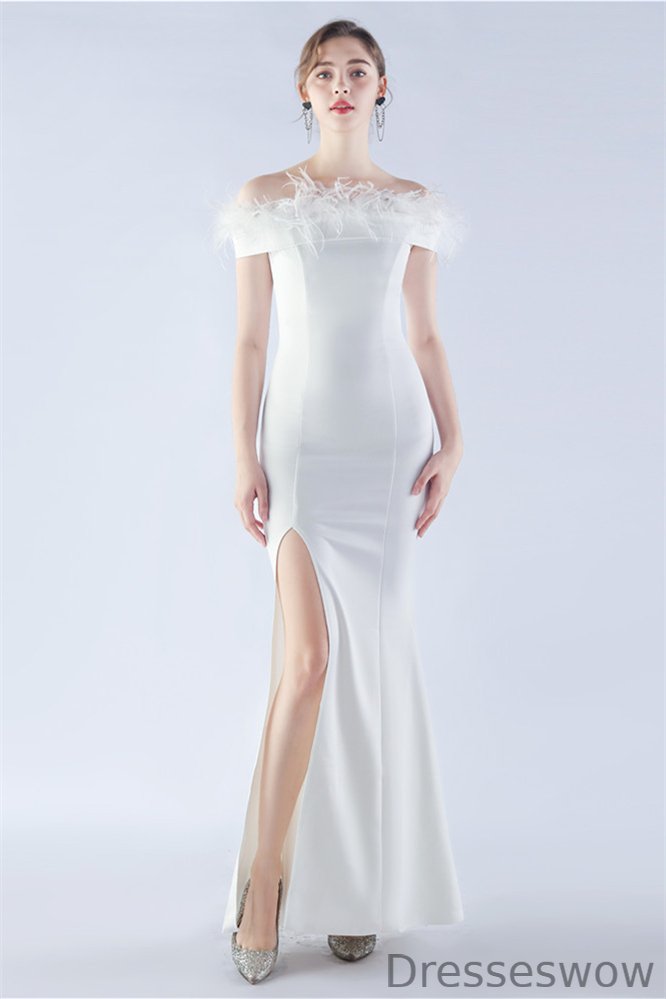 Dresseswow Off-the-Shoulder Prom Dress Mermaid With Feather Split