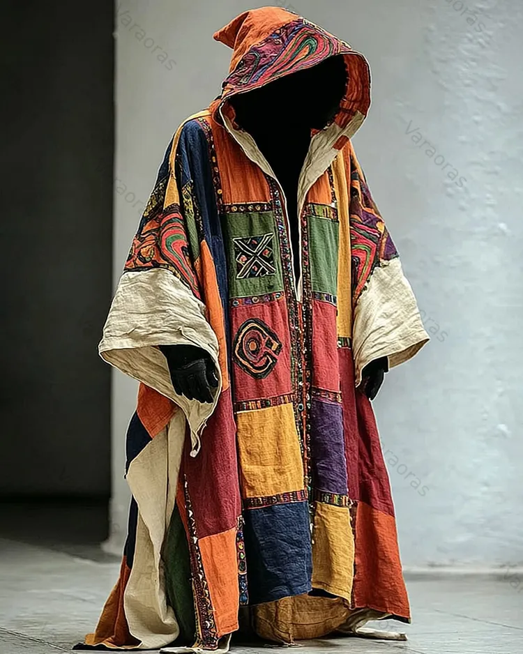Men's Summer Fashion Boho-Style Patchwork Embroidered Linen Hooded Cape 5484
