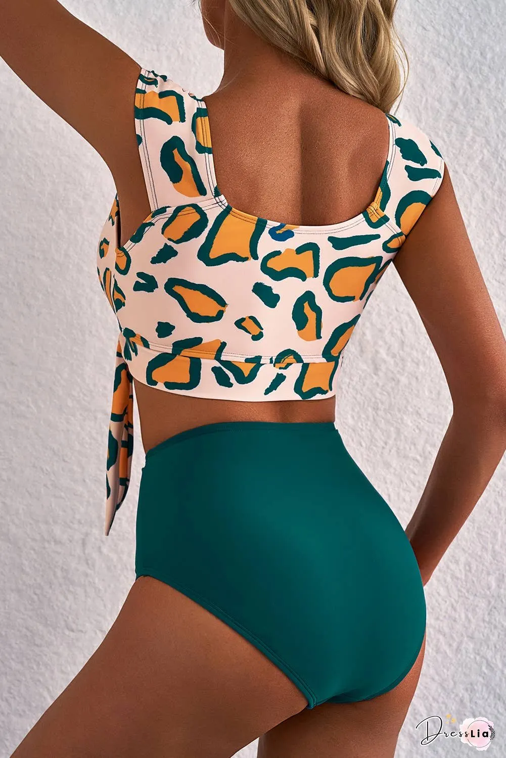 Colorblock Leopard Knotted Bikini Set