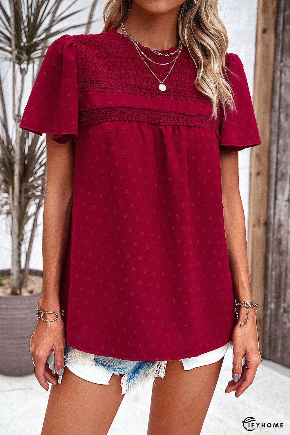 Swiss Dot Smocked Round Neck Short Sleeve Blouse | IFYHOME