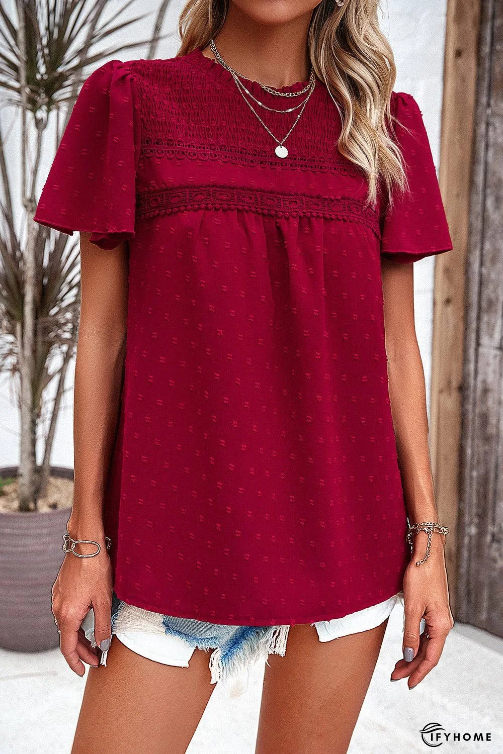 Swiss Dot Smocked Round Neck Short Sleeve Blouse | IFYHOME