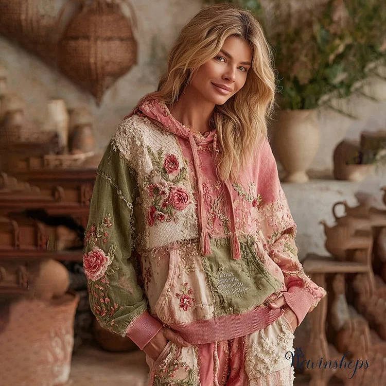 Women's Rose Embroidery Gradient Art Hooded Sweatshirt