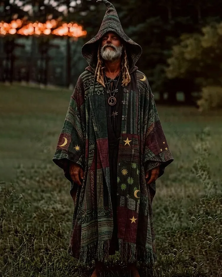 Men's Summer Fashion Hippie Style Star and Moon Embroidered Linen Cardigan Hooded Cape  5858