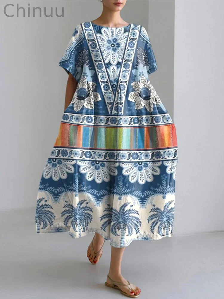 Ethnic Floral Pattern Women's Linen Maxi Dress