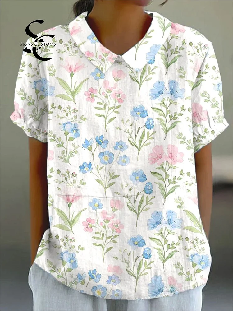 Women's  Vintage Flowers Art Print Casual Cotton And Linen Shirt