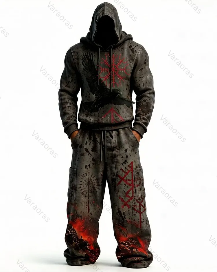 Men's Viking Color-Blocked Raven Embroidered Hoodie and Pants Two-Piece Set 4932