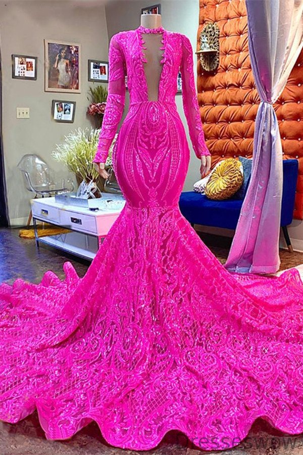 Dresseswow Fuchsia Long Sleeves Prom Dress Sequins Deep V-Neck