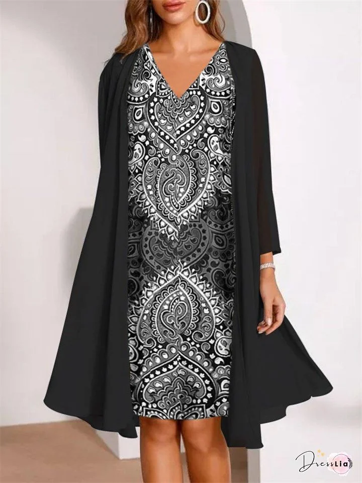 Spring and Autumn Chiffon Two-piece Set 3D Digital Printing Chiffon Shirt Skirt Long Sleeve V-neck Temperament Commuter Casual Suit Dress