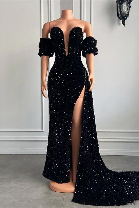 Dresseswow Sequins Mermaid Prom Dress Slit With Detachable Sleeve