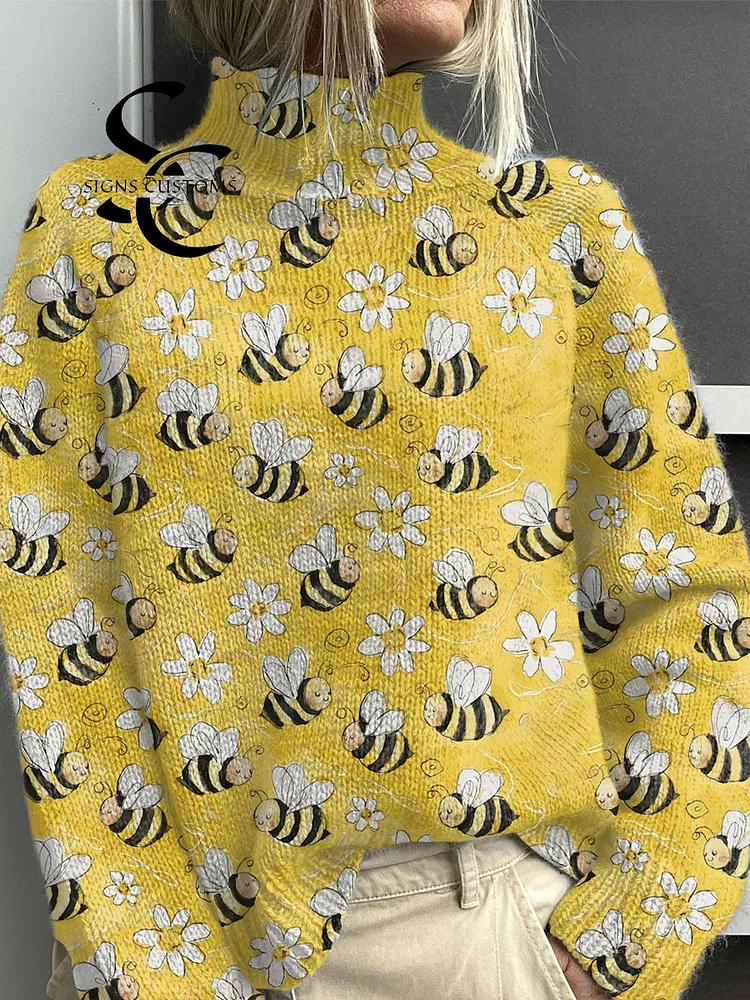 Funny Bee Art Print Knit Turtleneck Pullover Sweater