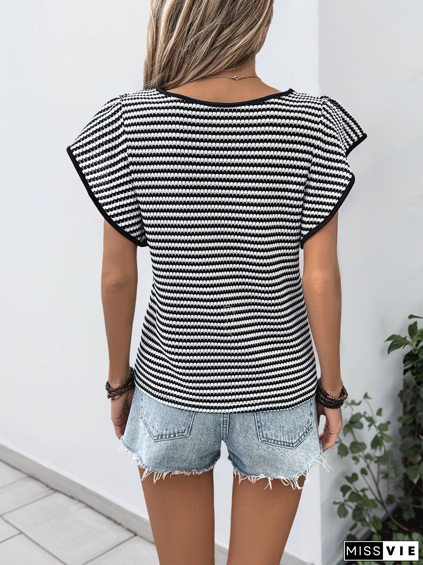 Classic Black White Striped Crew Neck Tee