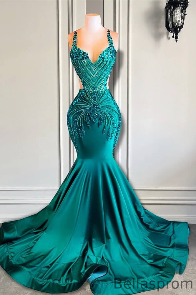 Bellasprom Emerald Green Sleeveless Mermaid Prom Dress With Beadings Crystals Bellasprom