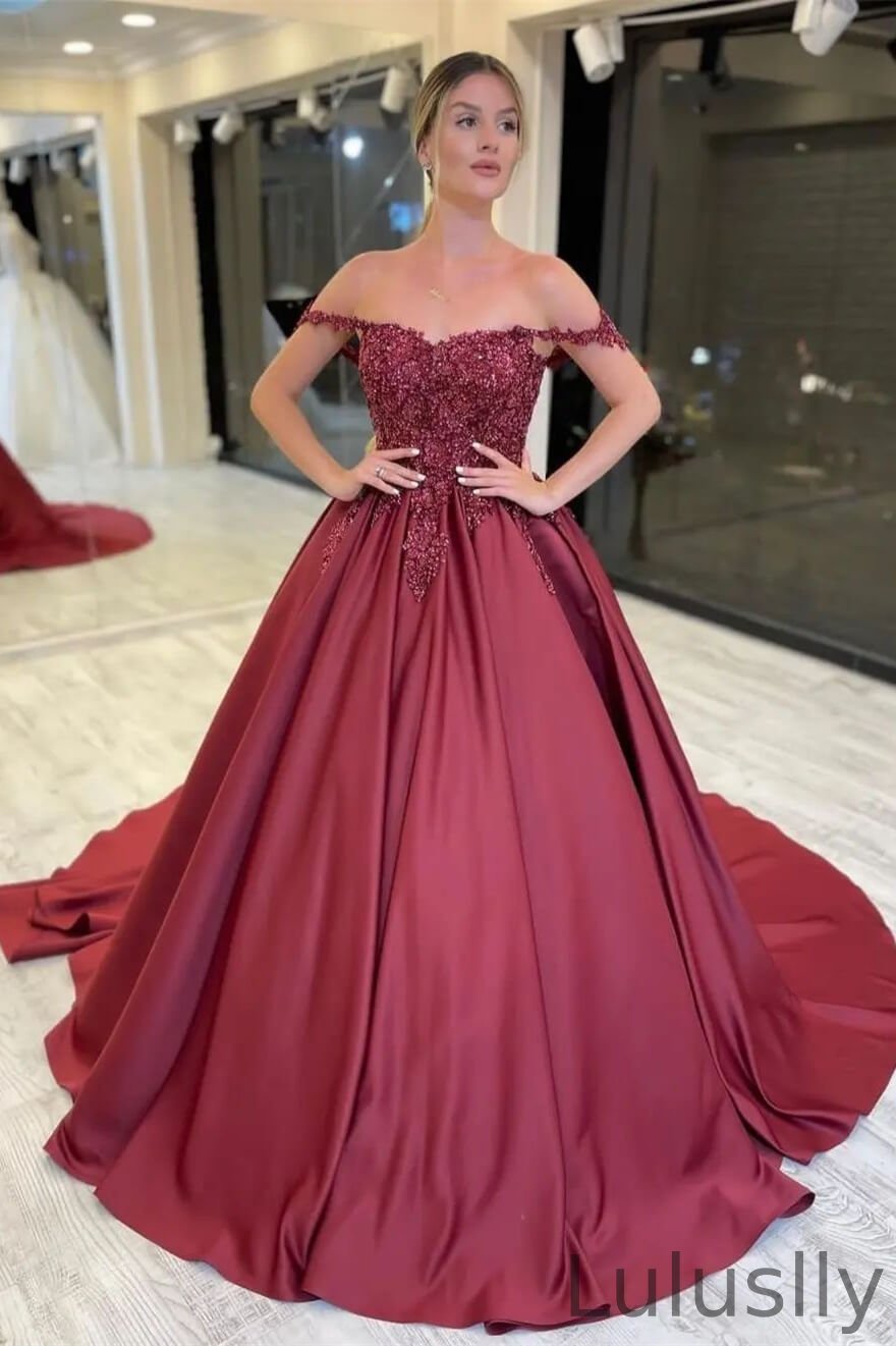 Luluslly Burgundy Off-the-Shoulder Ball Gown Evening Dress With Appliques