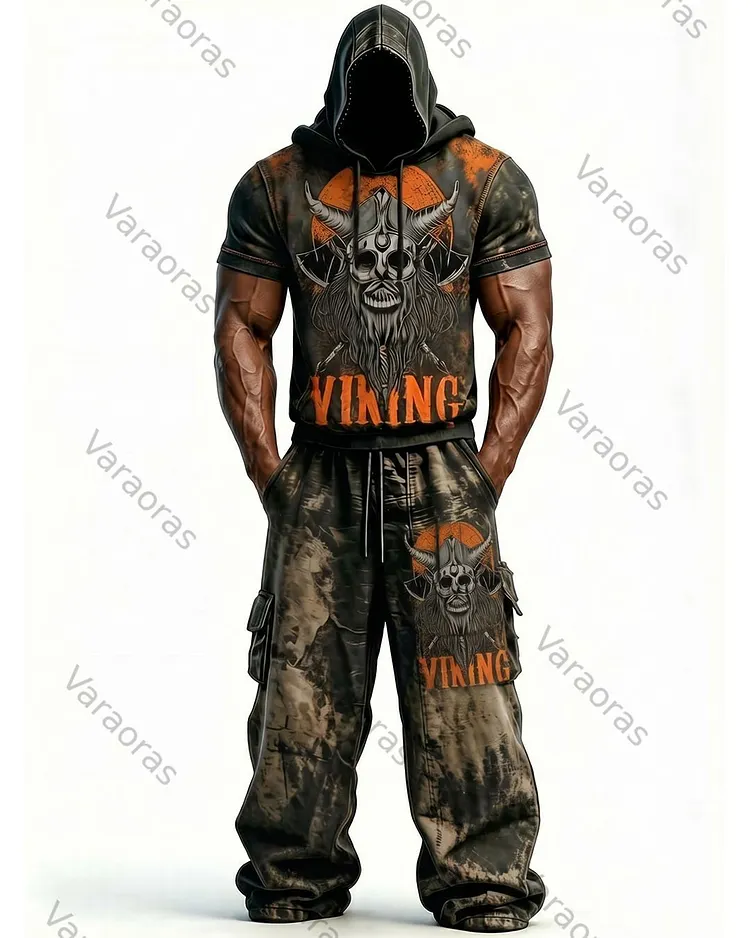 Men's Fashion Viking Contrast Color Embroidered Hoodie & Pants Two-Piece Set 4323