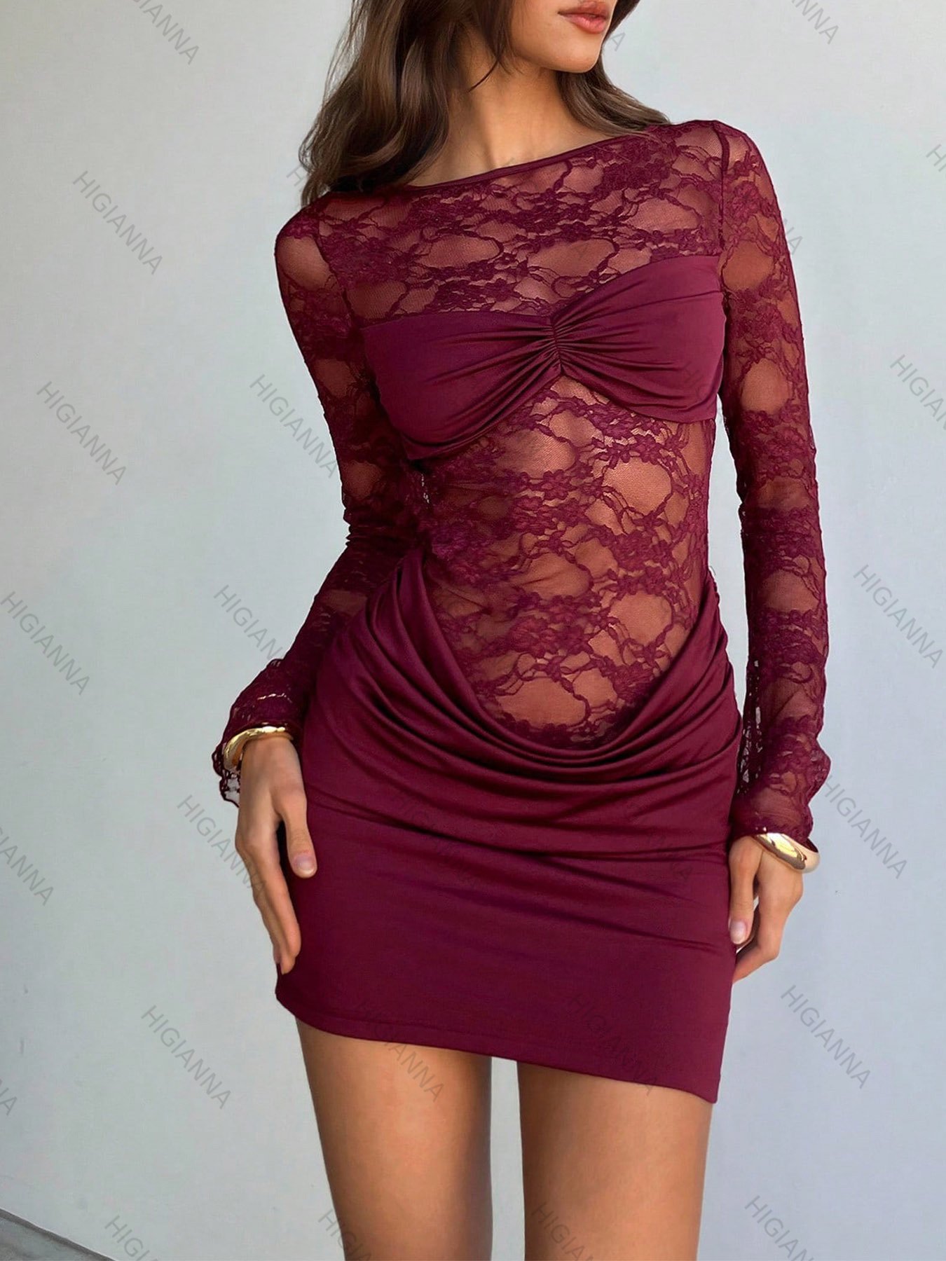 Lace-Sleeve Open-Back Ruched Mini Dress - HIGIANNA&reg;