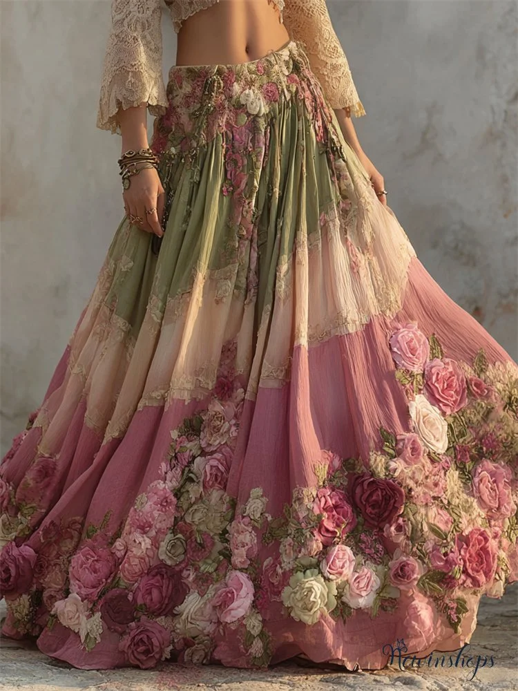 Boho Pink Roses Forest Colorblock Flowy Wide Skirt