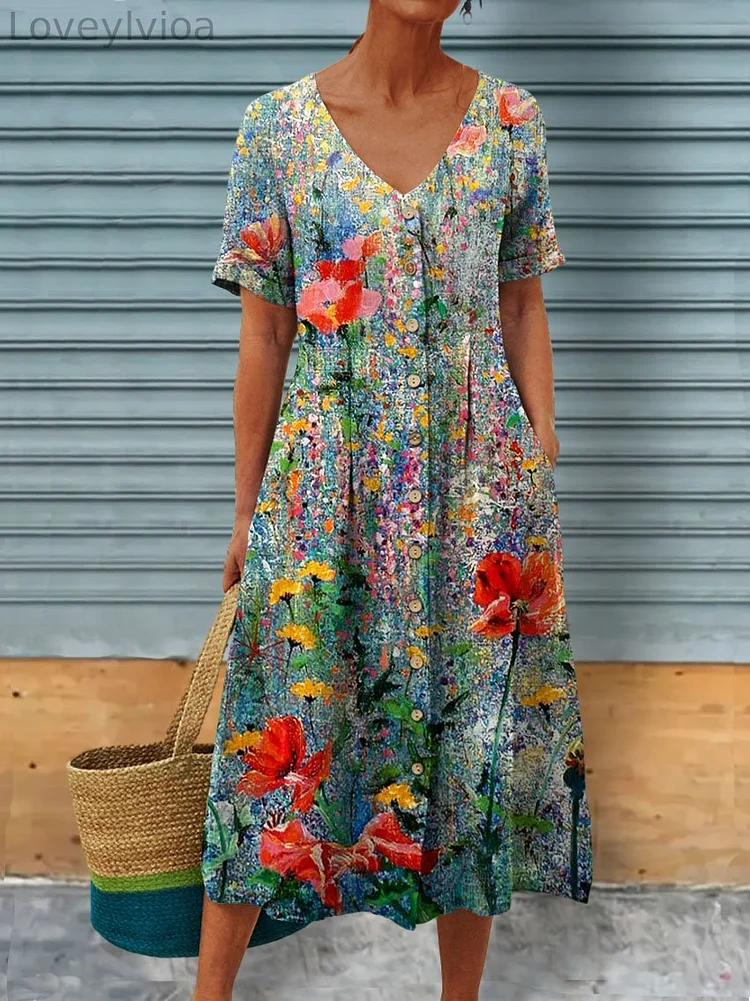 Women's Retro Floral Art Painting Print Casual Linen Pocket Tunic Dress