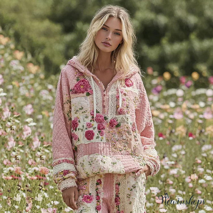 Women's Classic Bohemian Floral Patchwork Cozy Warm Button Hoodie