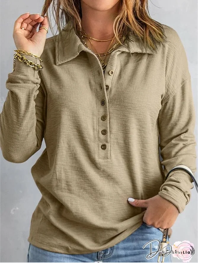 Women's Elegant Slim-Fit Long Sleeve Tunic Top - Short Length Round Neck Shirt with Button Closure, All-Season Layering Essential in Navy Blue & Solid Colors | Versatile Casual to Formal Wear | Tailored Fit for Daily Outfits & Special Occasions