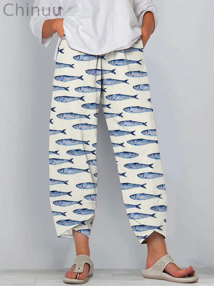 Japanese White Sardines Art Print Cropped Pants
