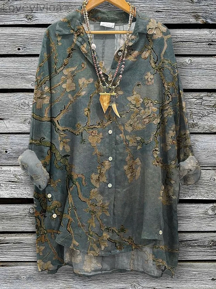 Women's The Night Plum Blossom Art Printed Casual Cotton And Linen Shirt