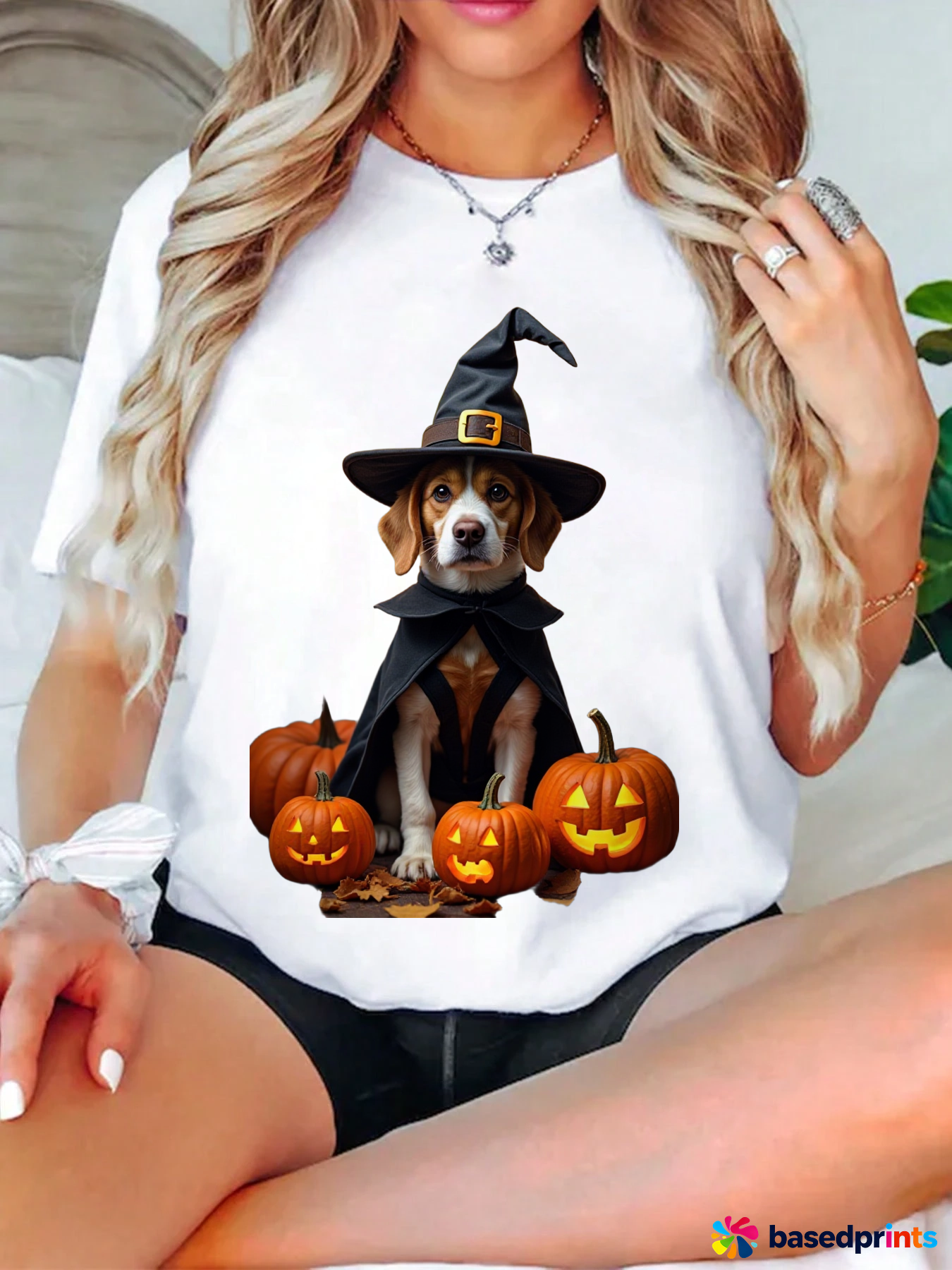 Halloween Witch Dog Pumpkin Print T-Shirt