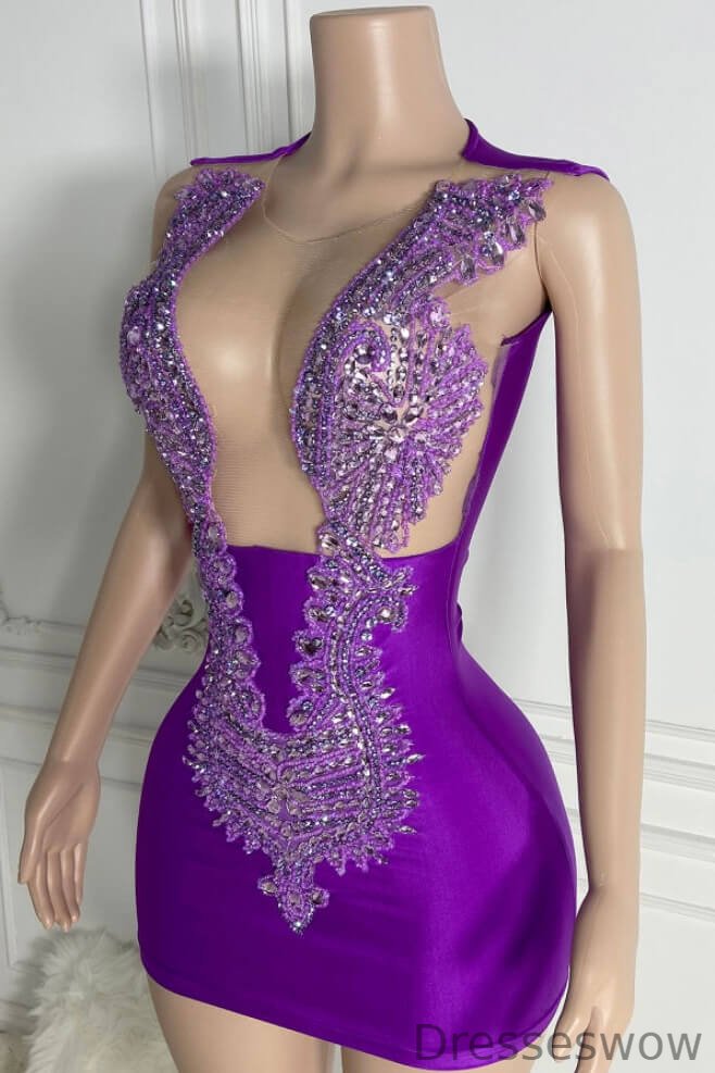 Dresseswow Purple Scoop Sleeveless Short Homecoming Dress With Beadings