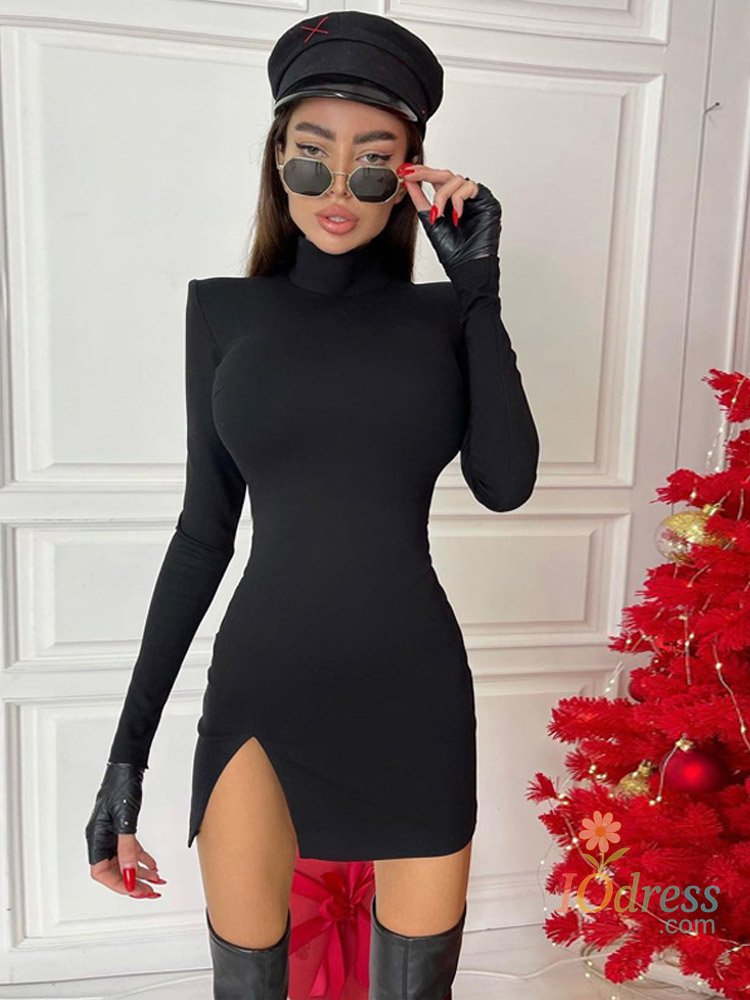 IO Dress Women Spring Autumn Long Sleeve Bodycon Soild Color Black Slim Package Hip Mini Dress Female Clothing Streetwear