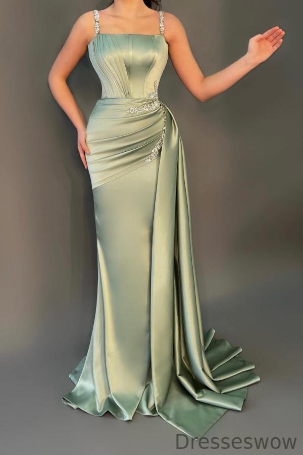 Dresseswow Dusty Sage Straps Square Prom Dress Mermaid Sleeveless With Beads