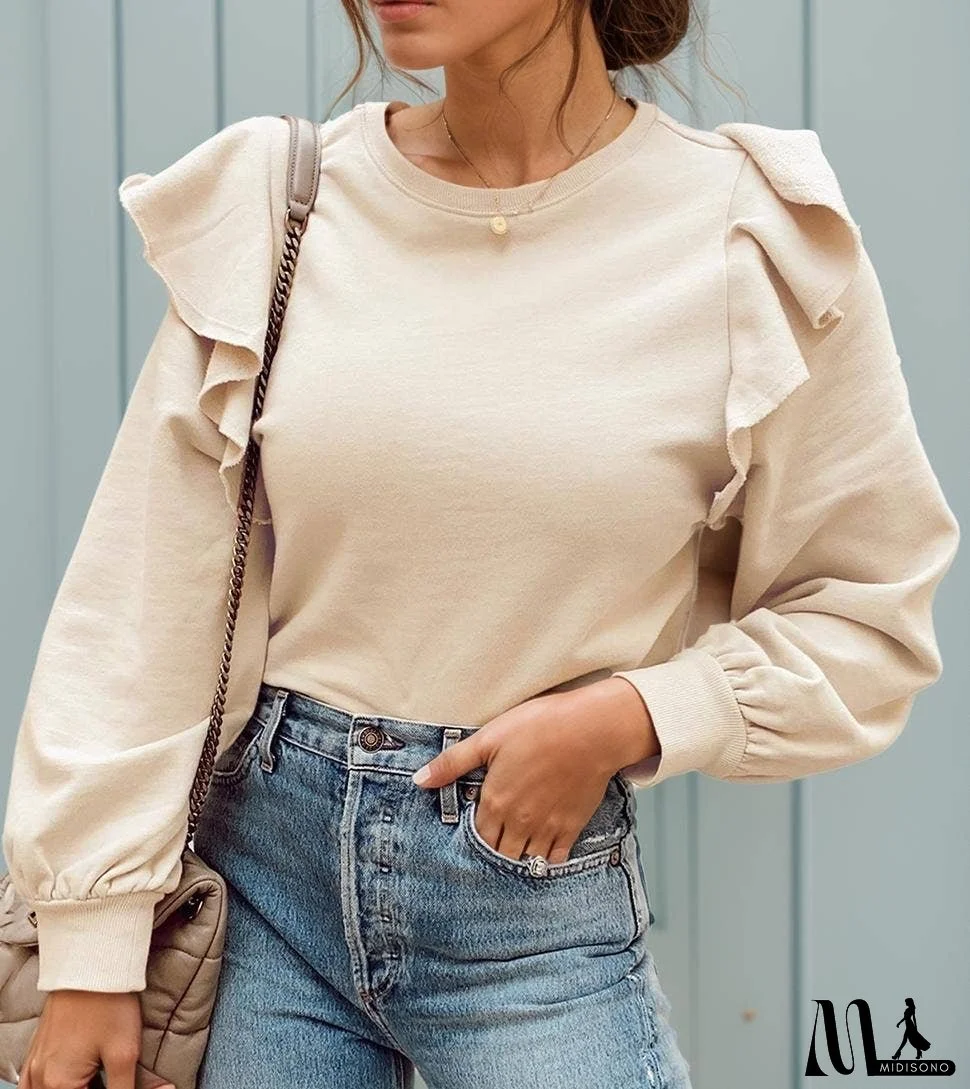 Solid Color Ruffled Shoulder Long Sleeve Blouse