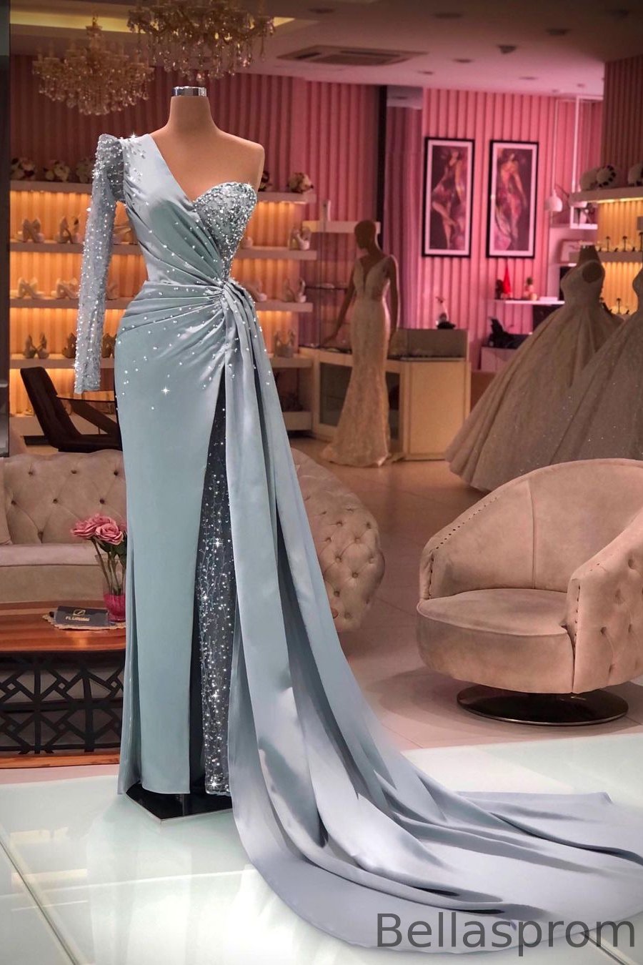 Bellasprom Dusty Blue One Shoulder Long Sleeve Mermaid Prom Dress With Split Ruffles Beadings Bellasprom