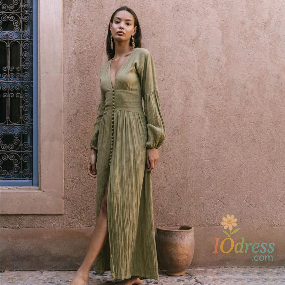 IO Dress 2023 New Women's Vintage Dress Autumn Sexy Solid Color Single-Breasted Split Dress Women's Fashion V-neck Lantern Sleeve Dress